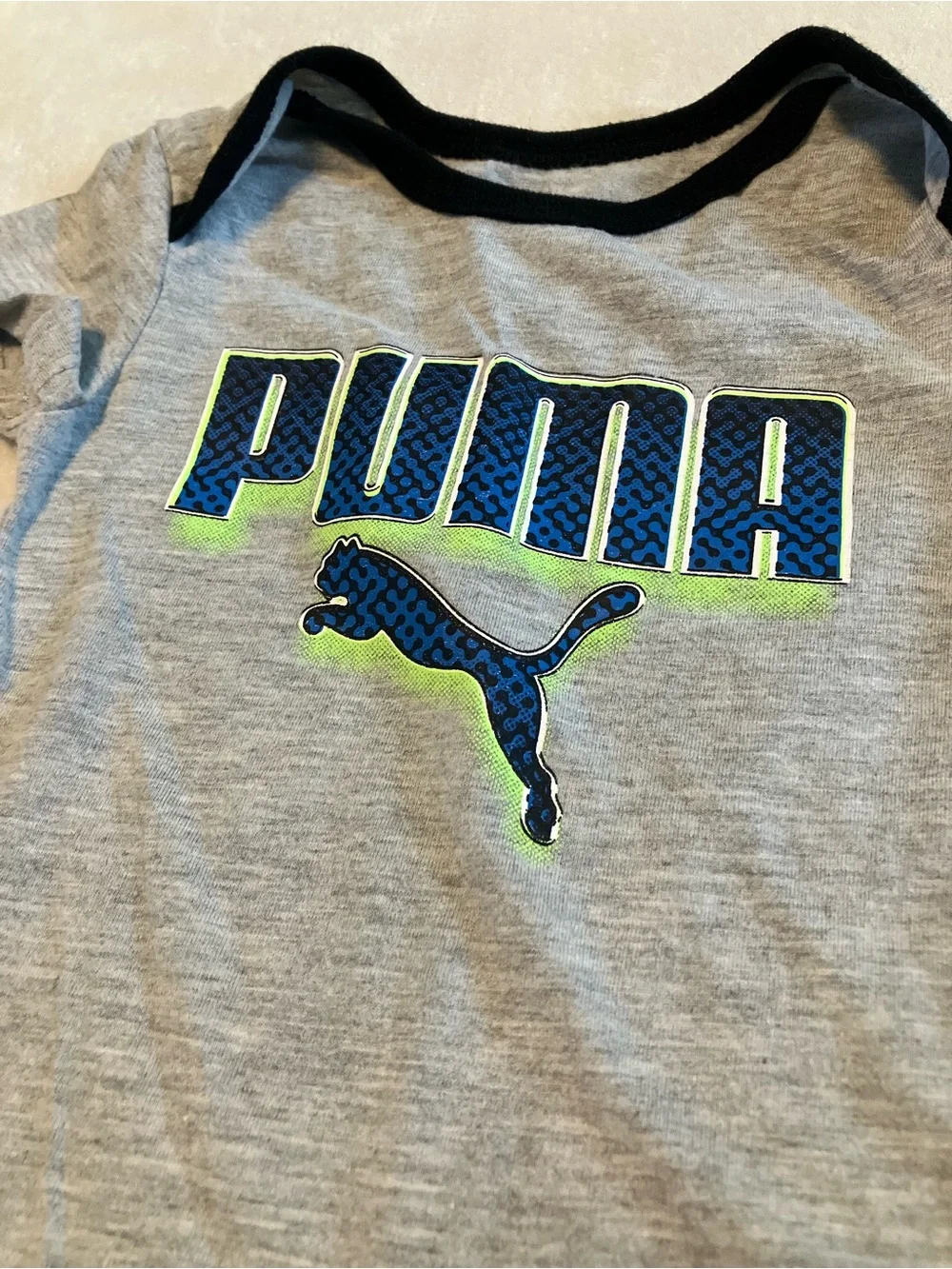 Puma Gray Baby Onesie with Neon Blue Logo